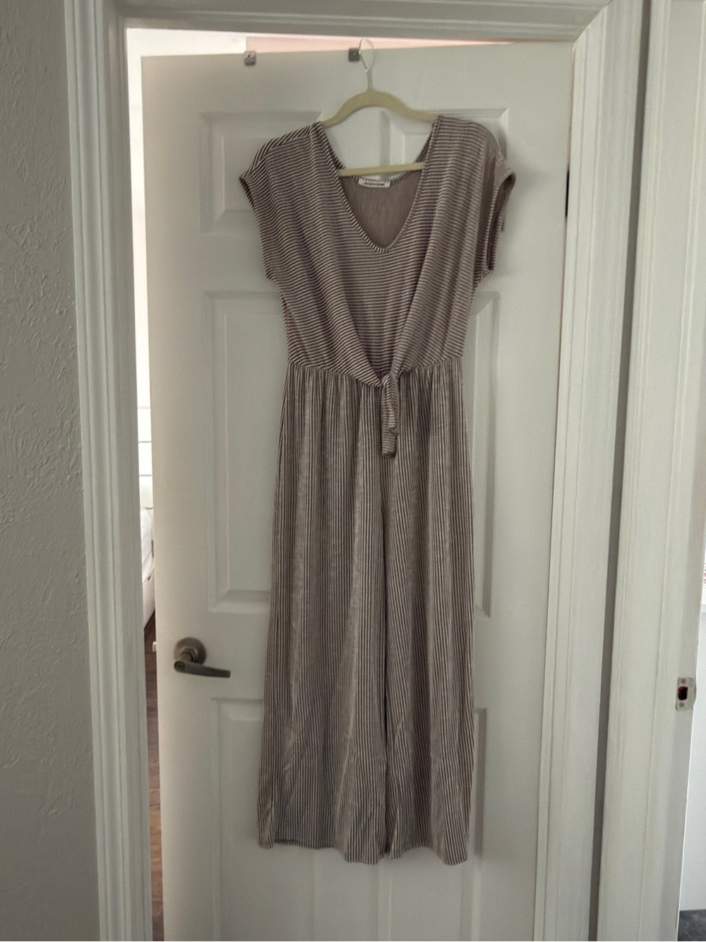 Caution To The Wind Taupe and White Striped Tie-Waist Maxi Dress